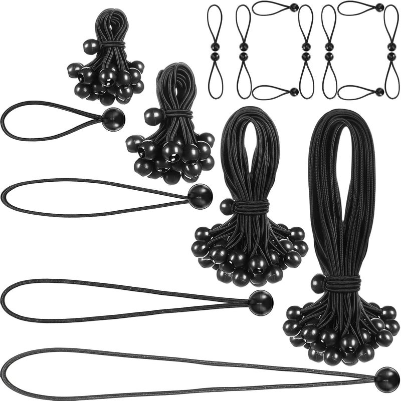 Wowangce 100 Pcs 4, 6, 9, 11 Inch Ball Bungee Cords Tarp Tie Downs Bungee Cords with Balls Heavy Duty Outdoor Tarp Straps for Canopy Shelter Camping Cargo Tent Poles UV Resistant (Black) - Image 1